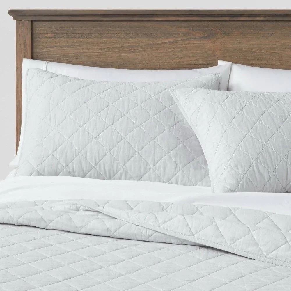 Threshold Full/Queen Diamond Stitch Cotton Linen Quilt Light Gray Midweight NEW